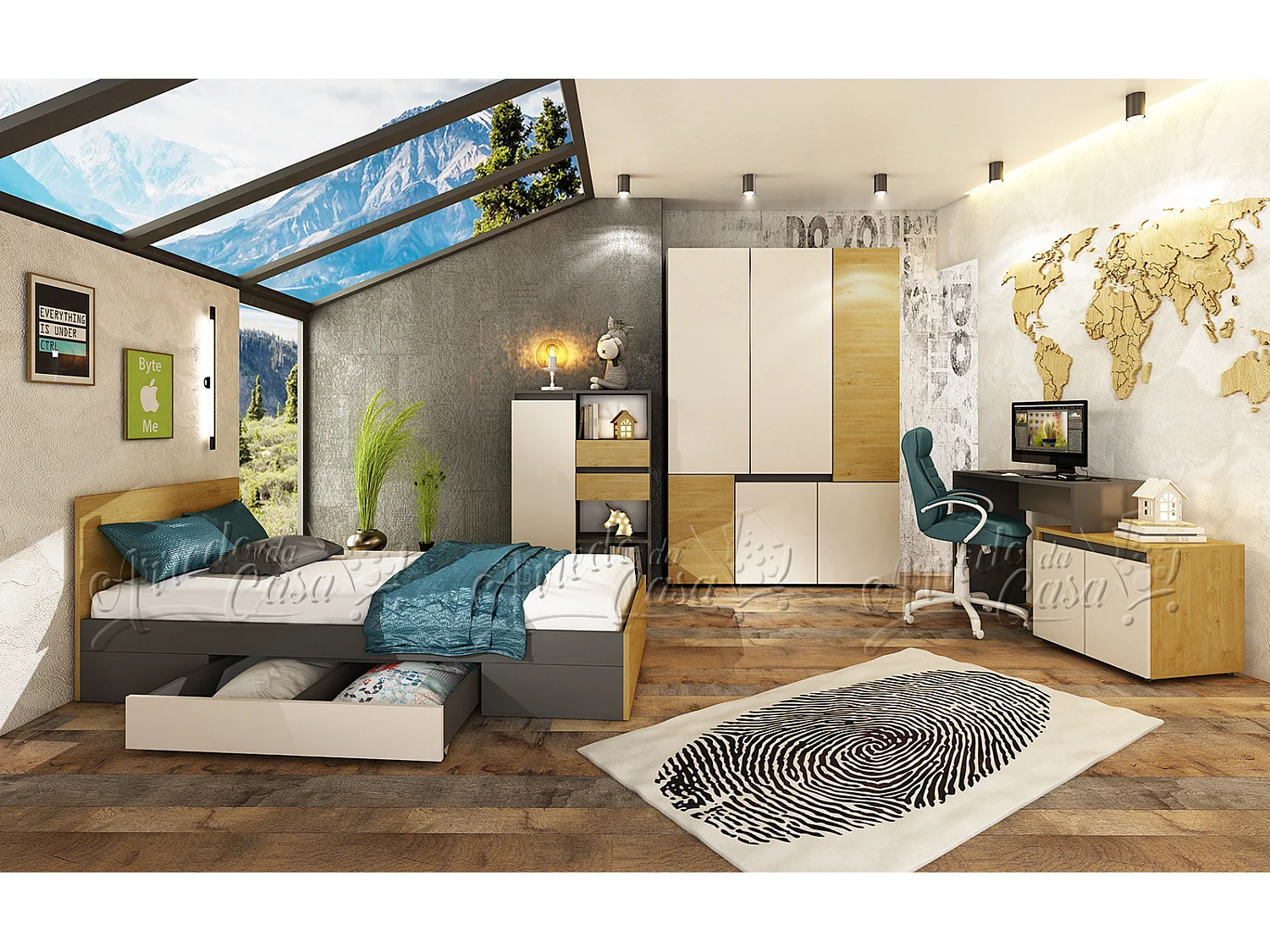 Cameretta completa letto con cassetti 90x200 cm in grafite, rovere chiaro e beige CCU21