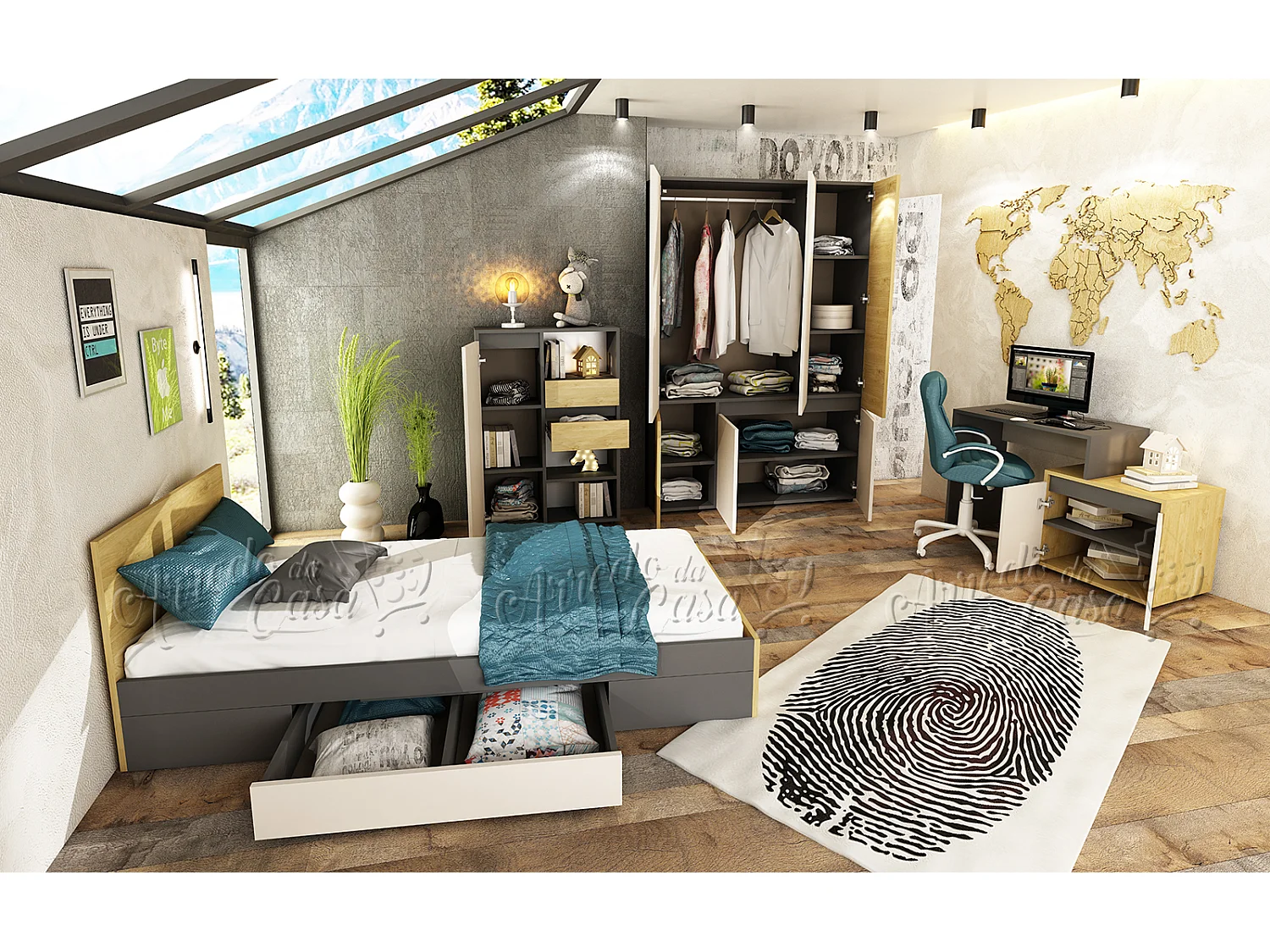 Cameretta completa letto con cassetti 90x200 cm in grafite, rovere chiaro e beige CCU21