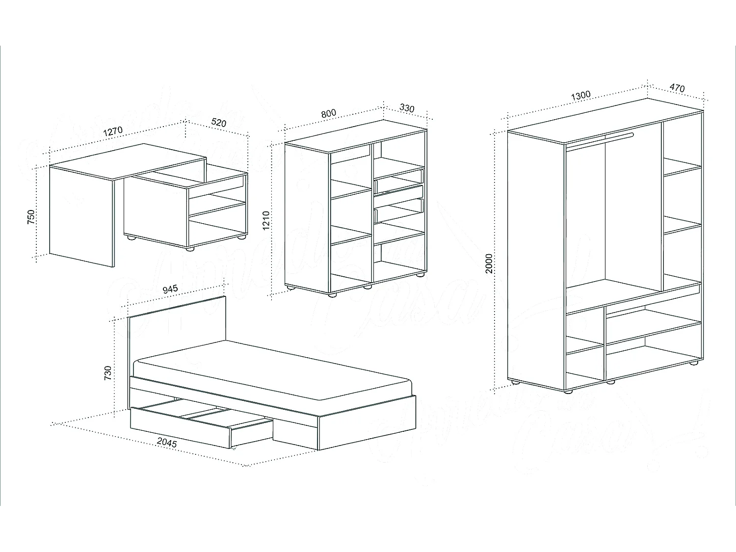 Cameretta completa letto con cassetti 90x200 cm in grafite, rovere chiaro e beige CCU21