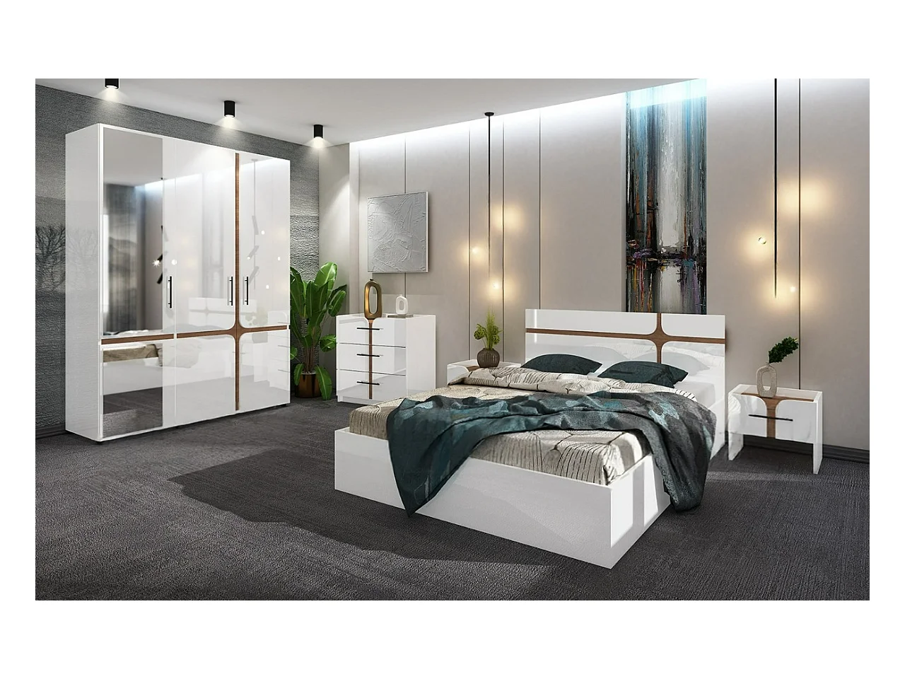 Set di mobili per camera da letto con letto contenitore 140x200 cm bianco lucido e noce CDLU39