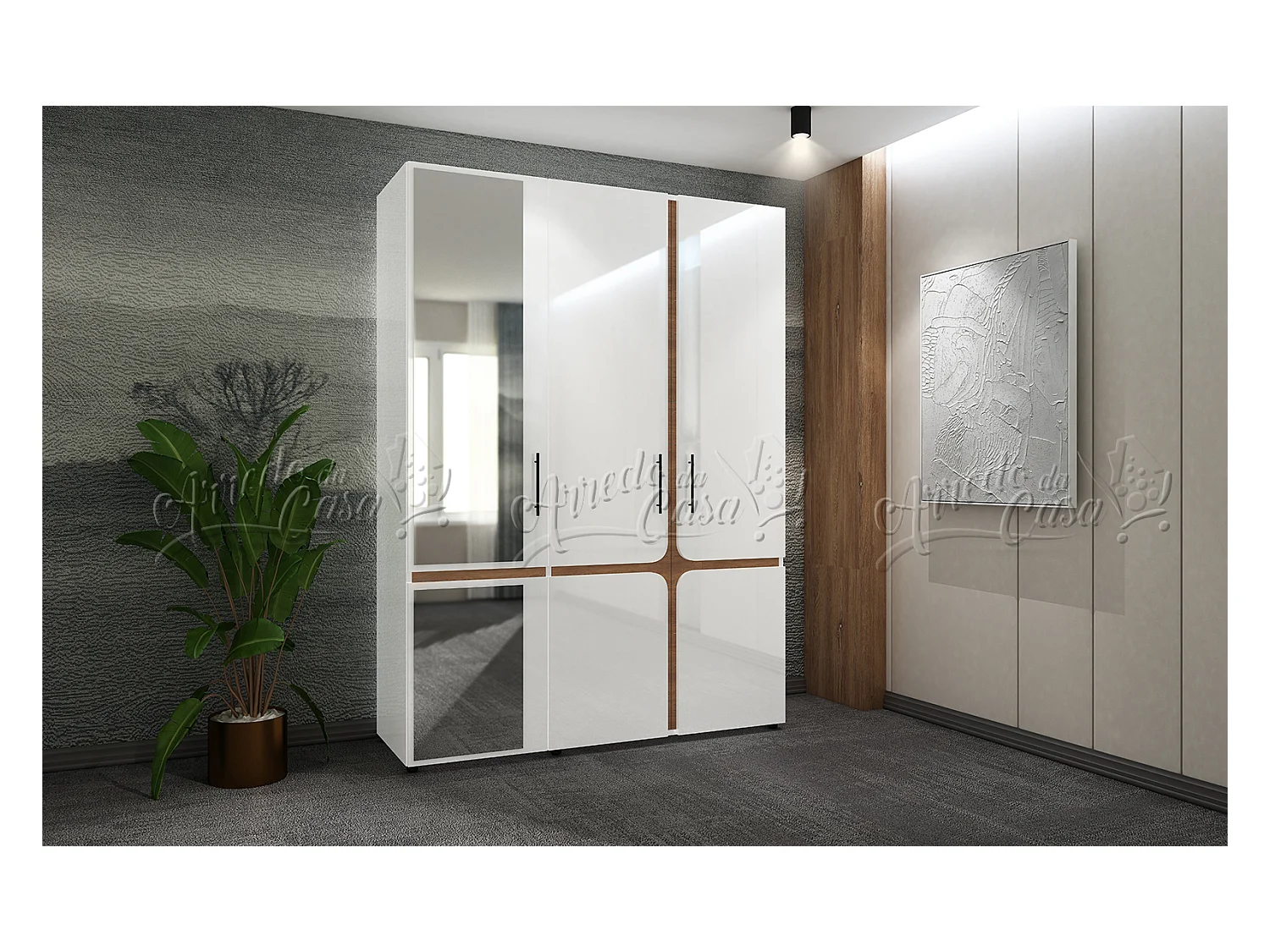 Set di mobili per camera da letto con letto contenitore 140x200 cm bianco lucido e noce CDLU39