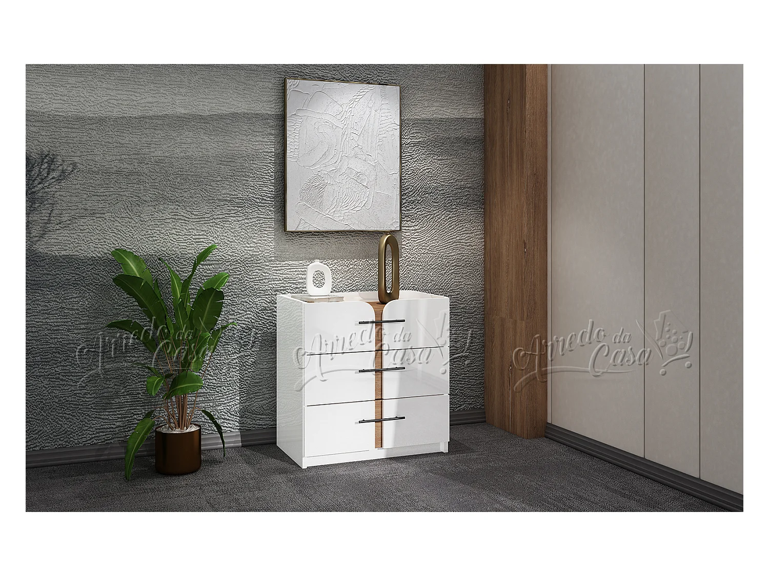 Set di mobili per camera da letto con letto contenitore 140x200 cm bianco lucido e noce CDLU39