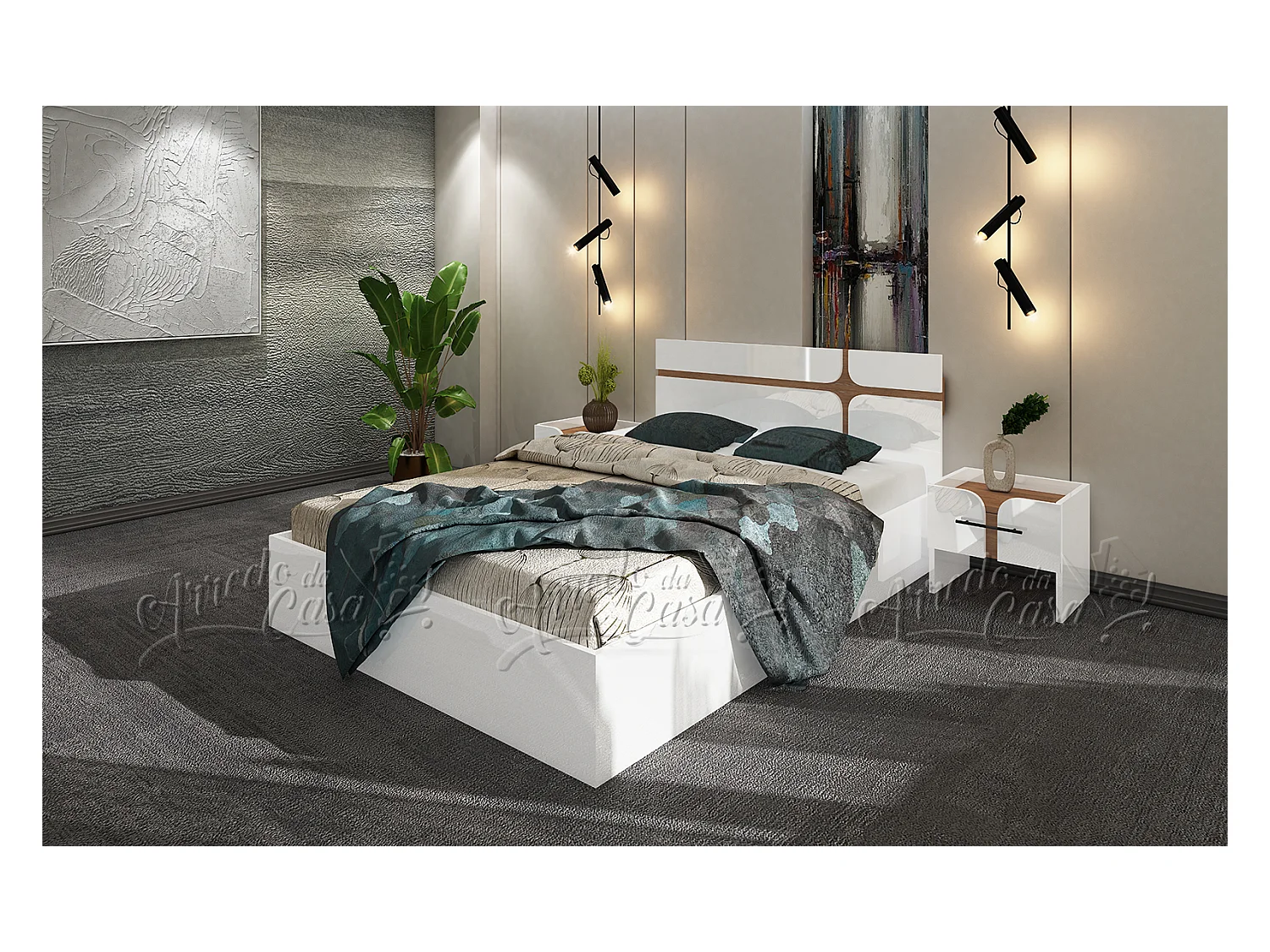 Set di mobili per camera da letto con letto contenitore 140x200 cm bianco lucido e noce CDLU39