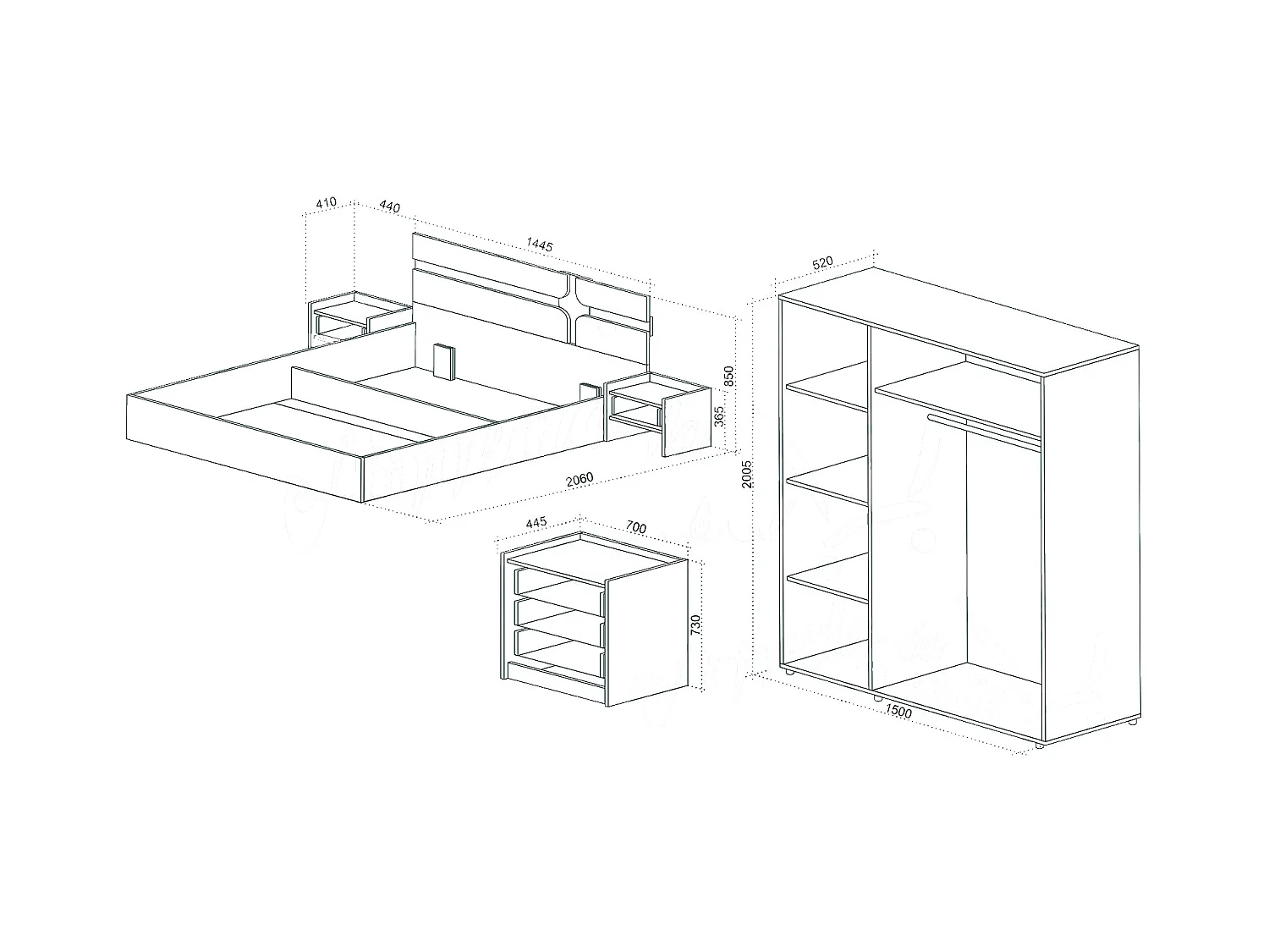 Set di mobili per camera da letto con letto contenitore 140x200 cm bianco lucido e noce CDLU39