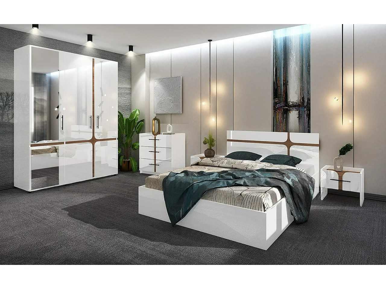 Set di mobili per camera da letto con letto contenitore 140x200 cm bianco lucido e noce CDLU39