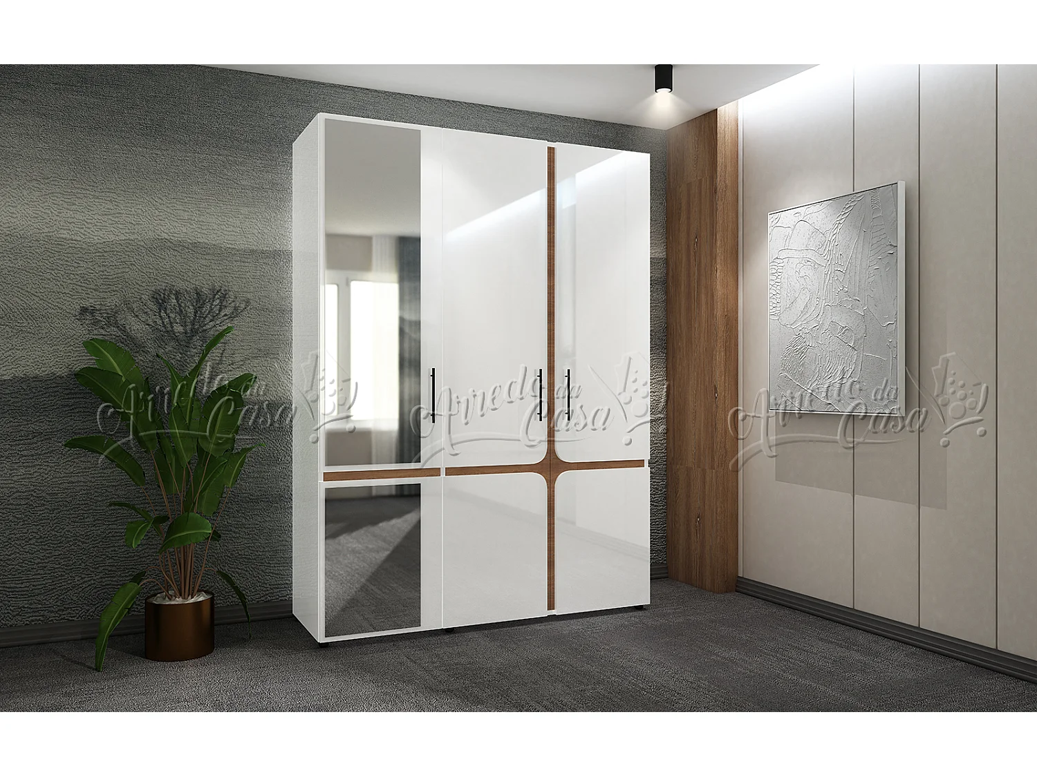 Set di mobili per camera da letto con letto contenitore 140x200 cm bianco lucido e noce CDLU39