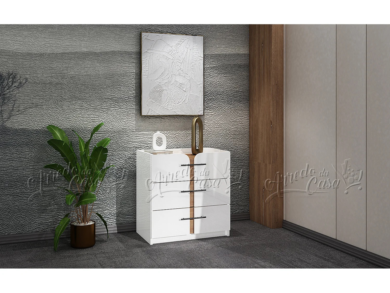 Set di mobili per camera da letto con letto contenitore 140x200 cm bianco lucido e noce CDLU39