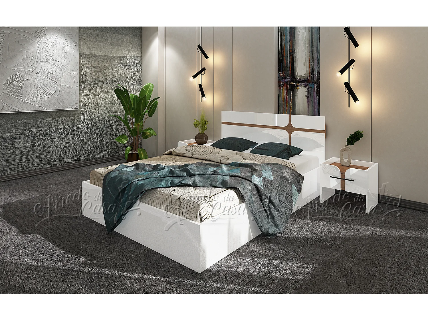 Set di mobili per camera da letto con letto contenitore 140x200 cm bianco lucido e noce CDLU39