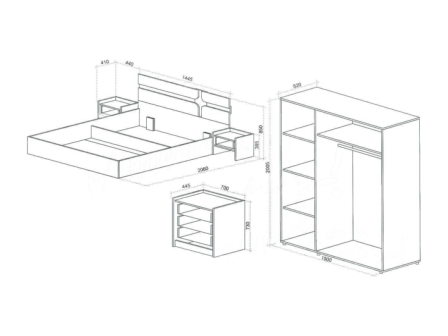 Set di mobili per camera da letto con letto contenitore 140x200 cm bianco lucido e noce CDLU39
