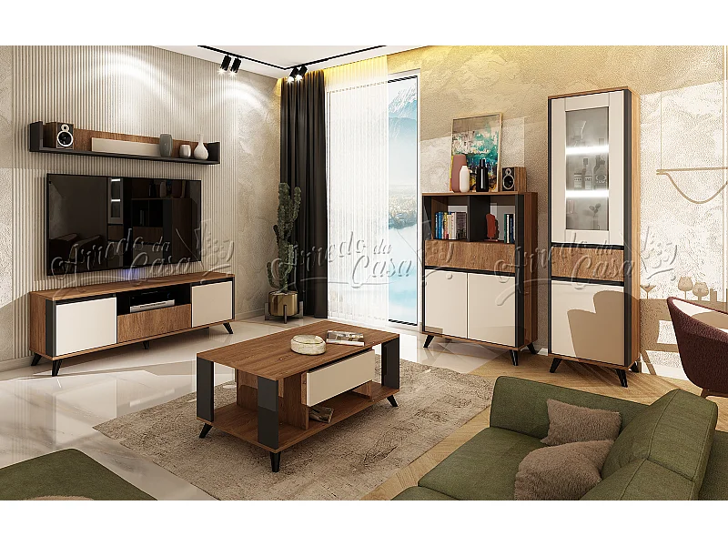 Soggiorno completo con illuminazione LED in rovere, grafite e beige SU43