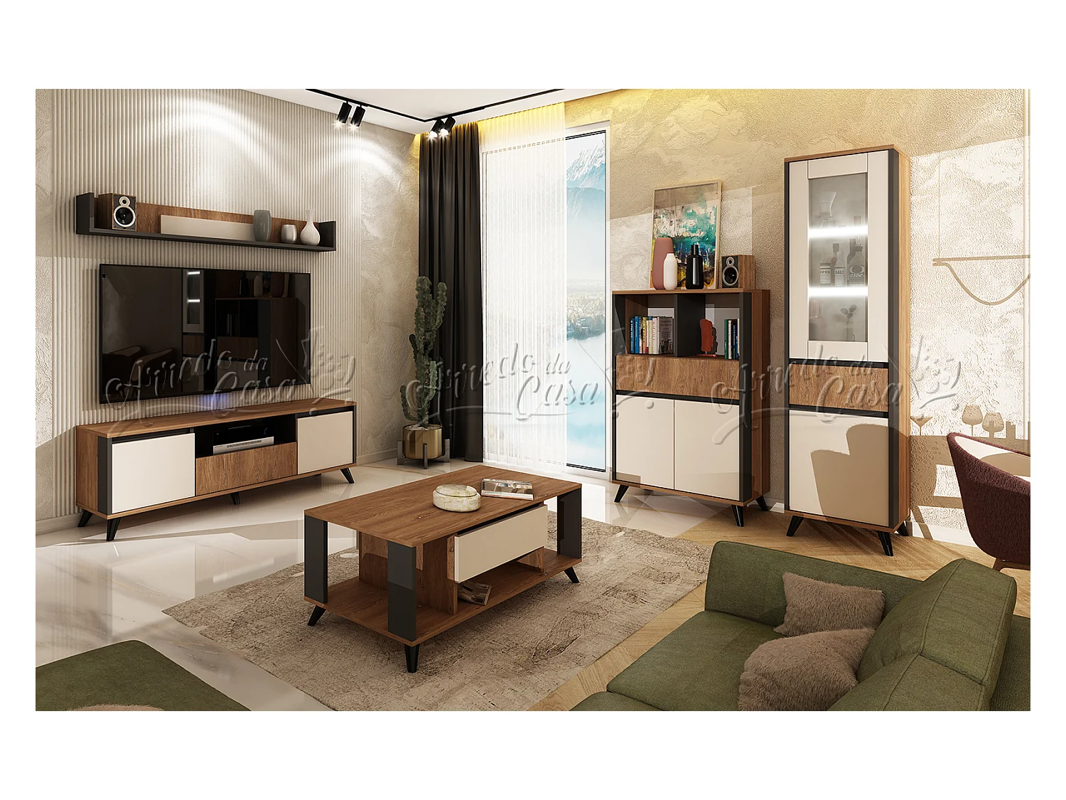 Soggiorno completo con illuminazione LED in rovere, grafite e beige SU43