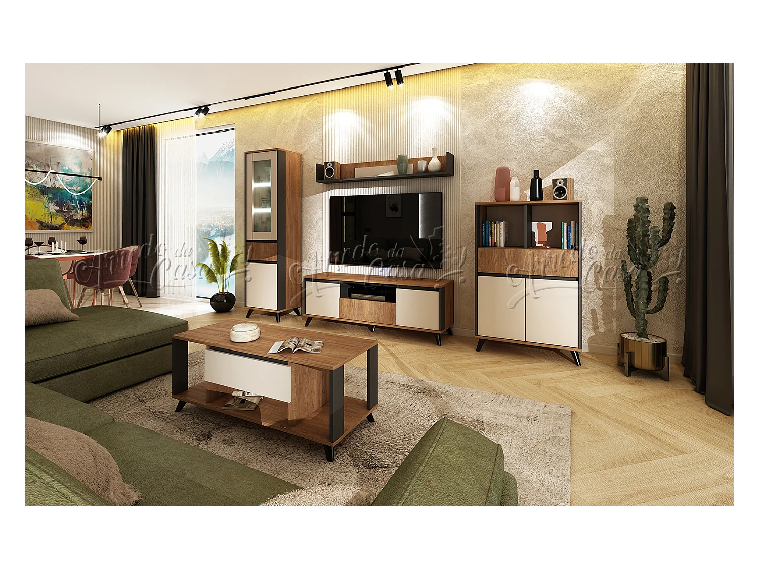 Soggiorno completo con illuminazione LED in rovere, grafite e beige SU43