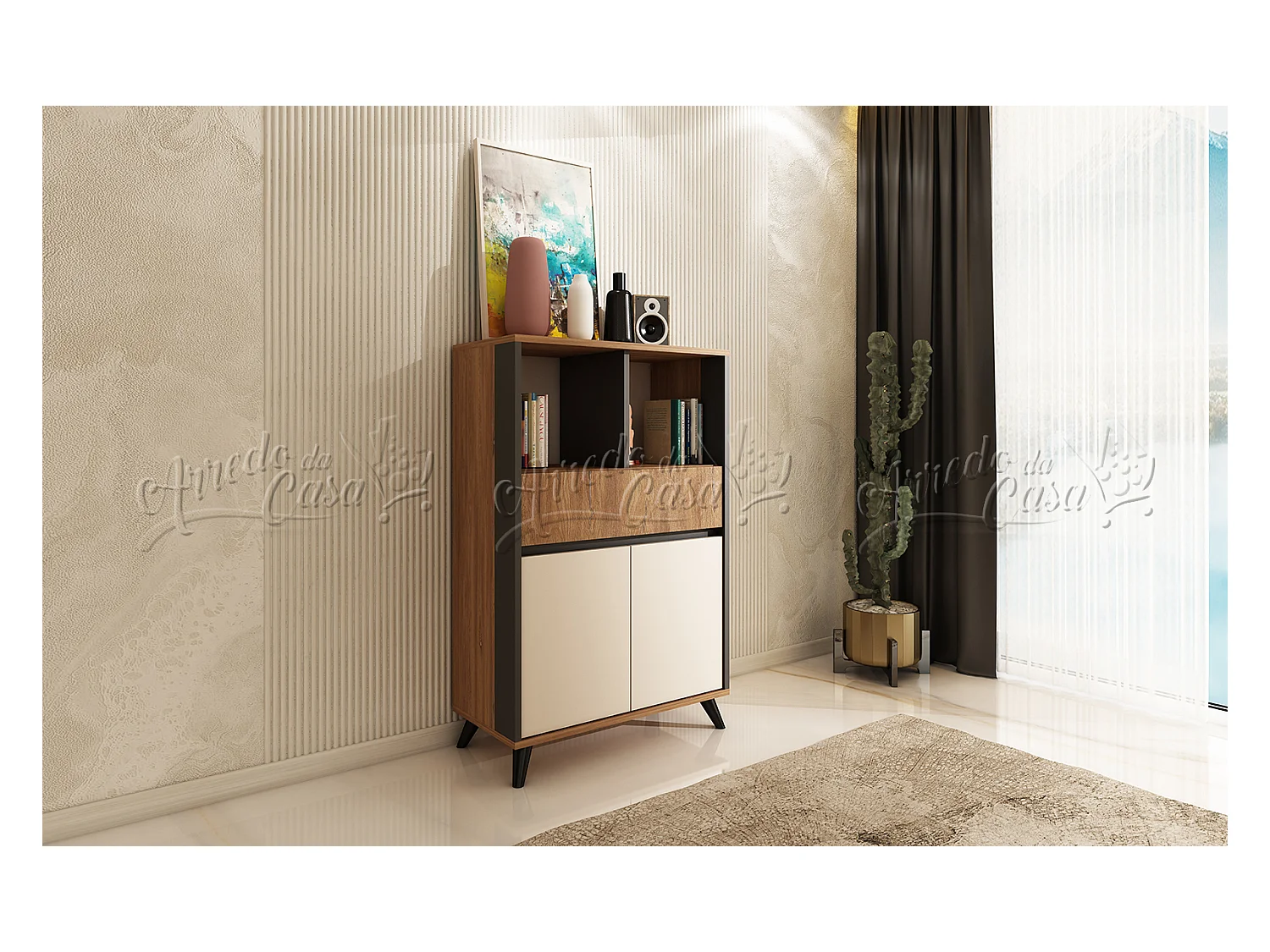 Soggiorno completo con illuminazione LED in rovere, grafite e beige SU43