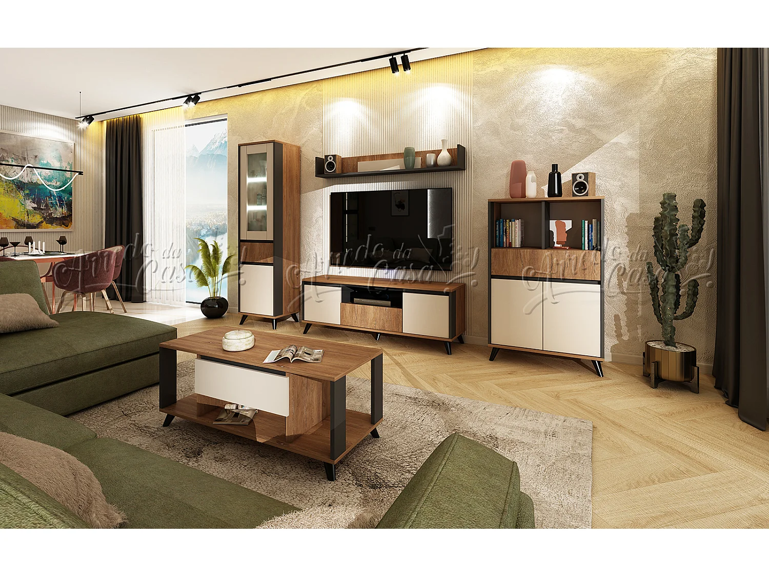 Soggiorno completo con illuminazione LED in rovere, grafite e beige SU43