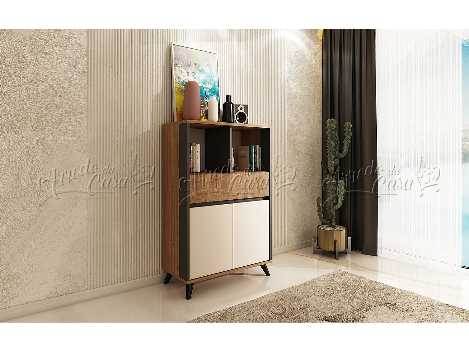 Soggiorno completo con illuminazione LED in rovere, grafite e beige SU43