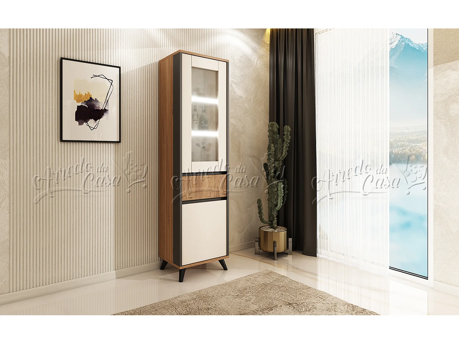 Soggiorno completo con illuminazione LED in rovere, grafite e beige SU43