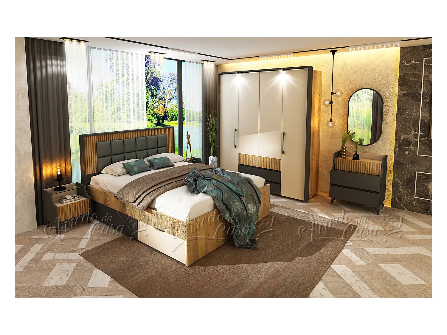Set di mobili per camera da letto 160x200 cm con ante ammortizzate in rovere scuro cannettato, beige e grafite CDLU40