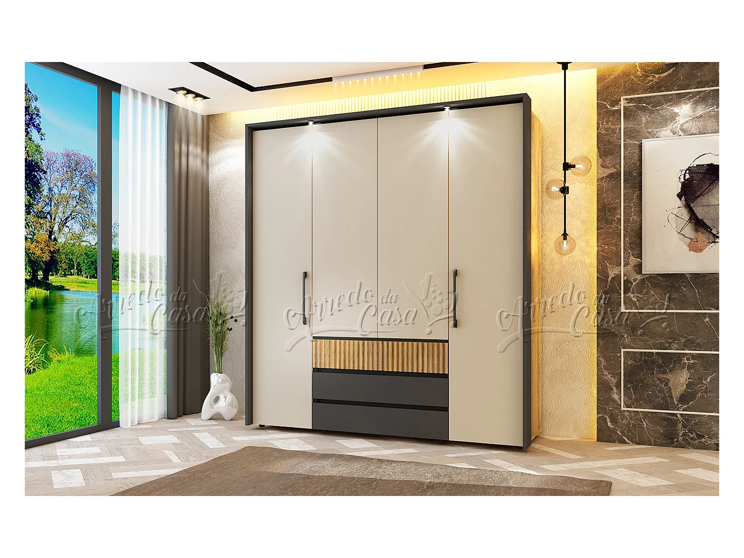 Set di mobili per camera da letto 160x200 cm con ante ammortizzate in rovere scuro cannettato, beige e grafite CDLU40