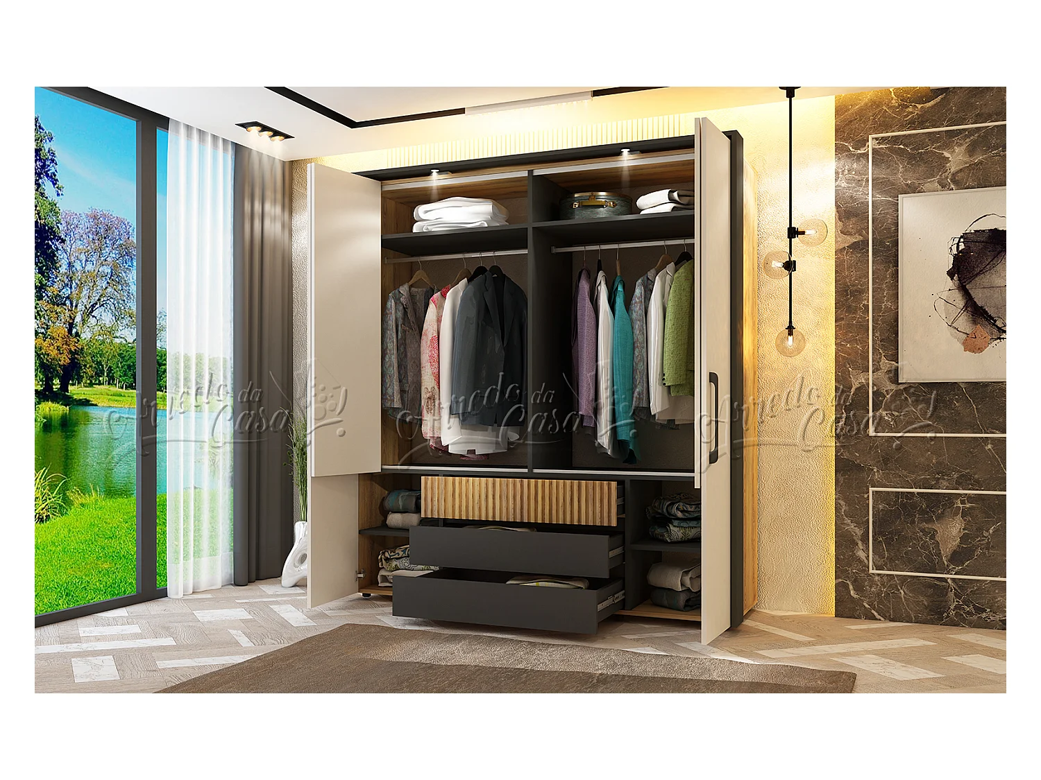 Set di mobili per camera da letto 160x200 cm con ante ammortizzate in rovere scuro cannettato, beige e grafite CDLU40