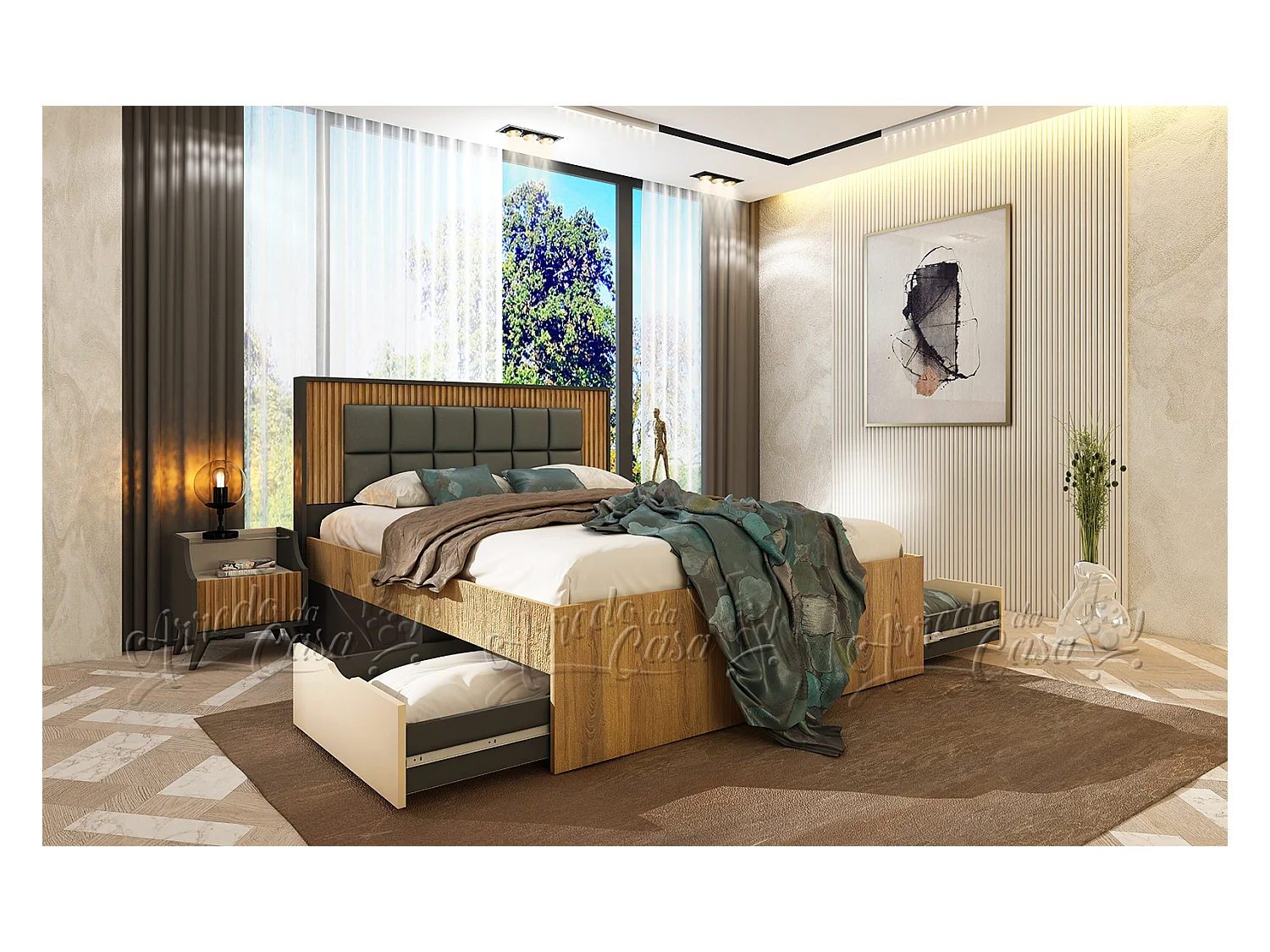 Set di mobili per camera da letto 160x200 cm con ante ammortizzate in rovere scuro cannettato, beige e grafite CDLU40