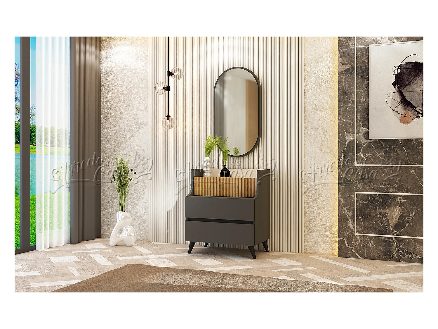 Set di mobili per camera da letto 160x200 cm con ante ammortizzate in rovere scuro cannettato, beige e grafite CDLU40