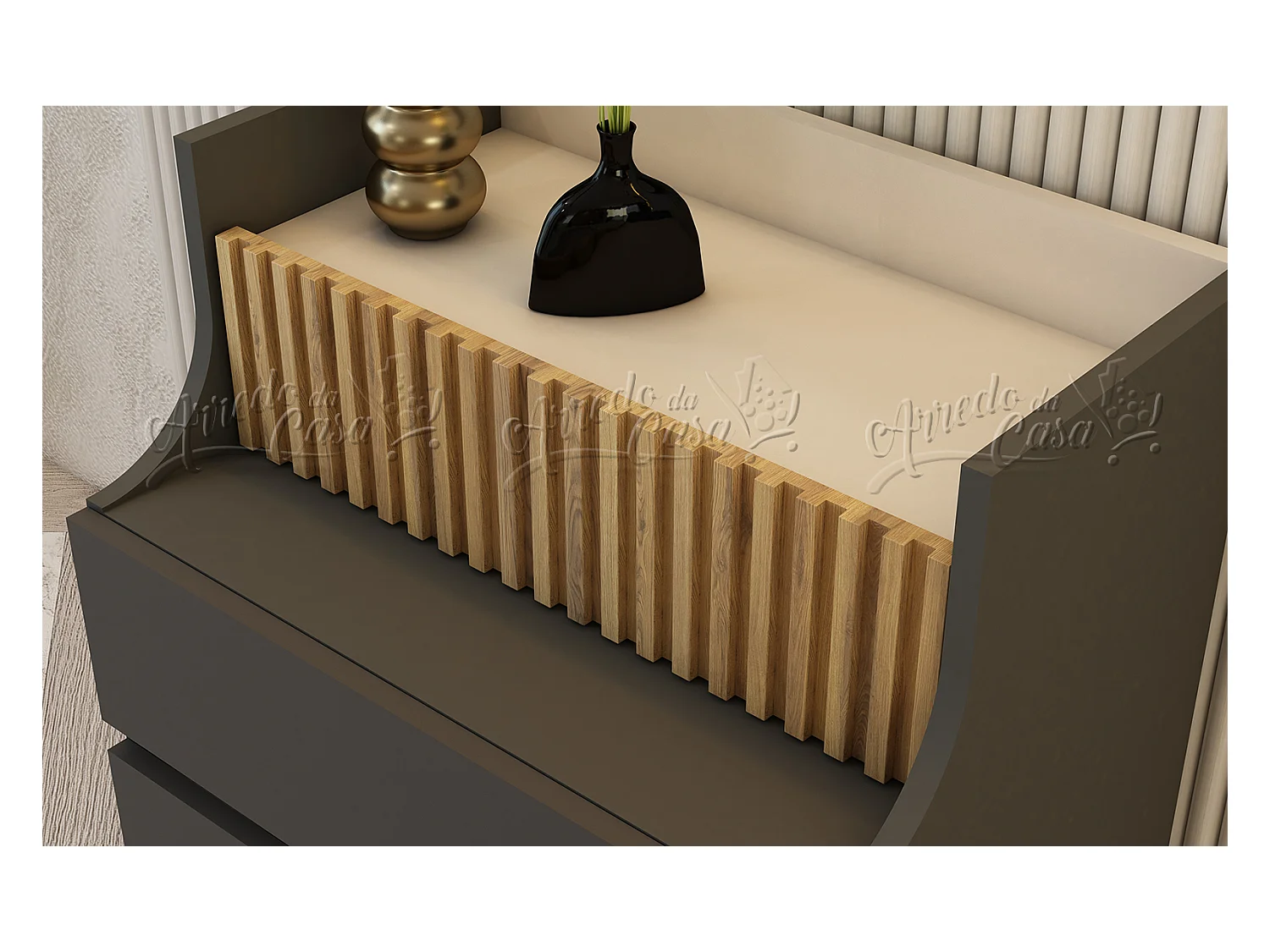 Set di mobili per camera da letto 160x200 cm con ante ammortizzate in rovere scuro cannettato, beige e grafite CDLU40