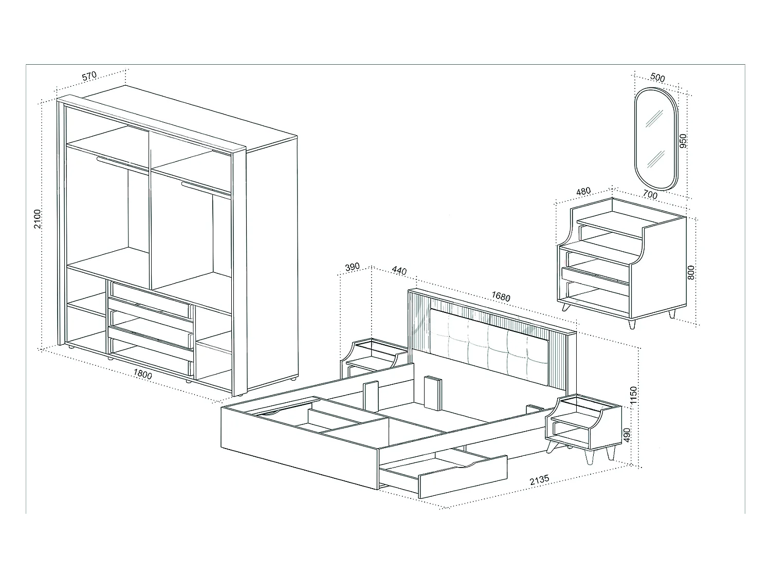Set di mobili per camera da letto 160x200 cm con ante ammortizzate in rovere scuro cannettato, beige e grafite CDLU40