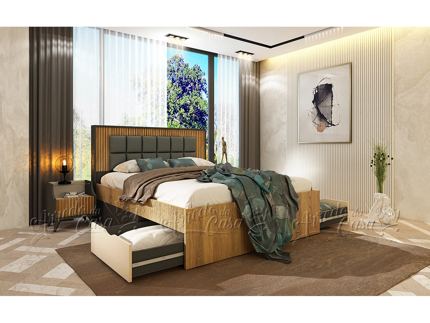 Set di mobili per camera da letto 160x200 cm con ante ammortizzate in rovere scuro cannettato, beige e grafite CDLU40