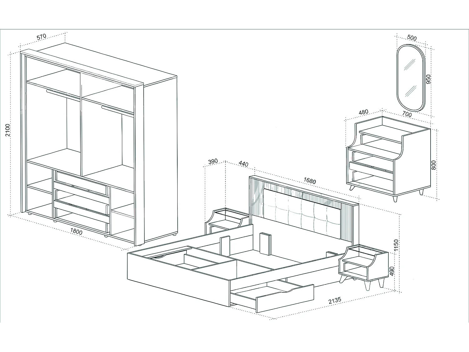 Set di mobili per camera da letto 160x200 cm con ante ammortizzate in rovere scuro cannettato, beige e grafite CDLU40