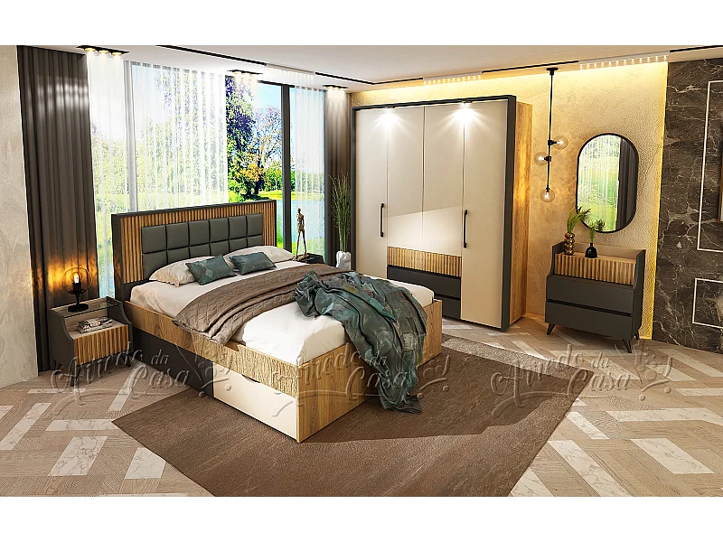 Set di mobili per camera da letto 160x200 cm con ante ammortizzate in rovere scuro cannettato, beige e grafite CDLU40