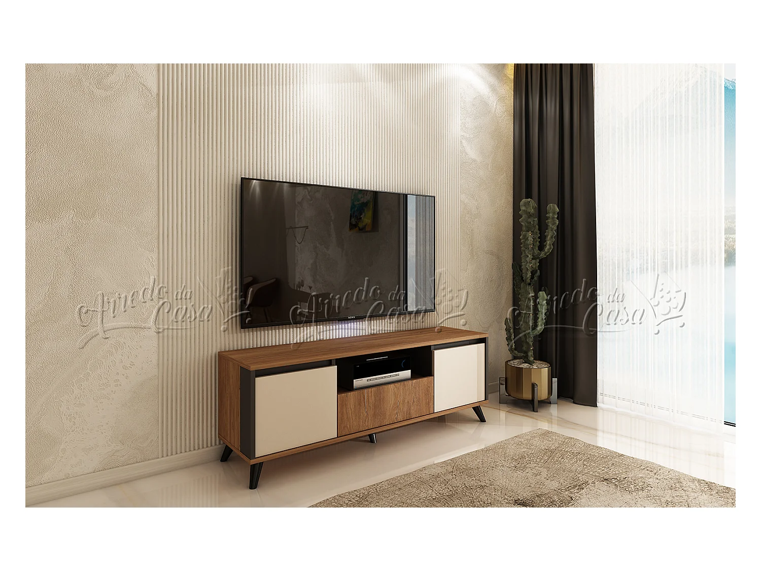Mobile porta tv con ante e cassetto 150x53,5x40 cm in rovere, grafite e beige PTVU1
