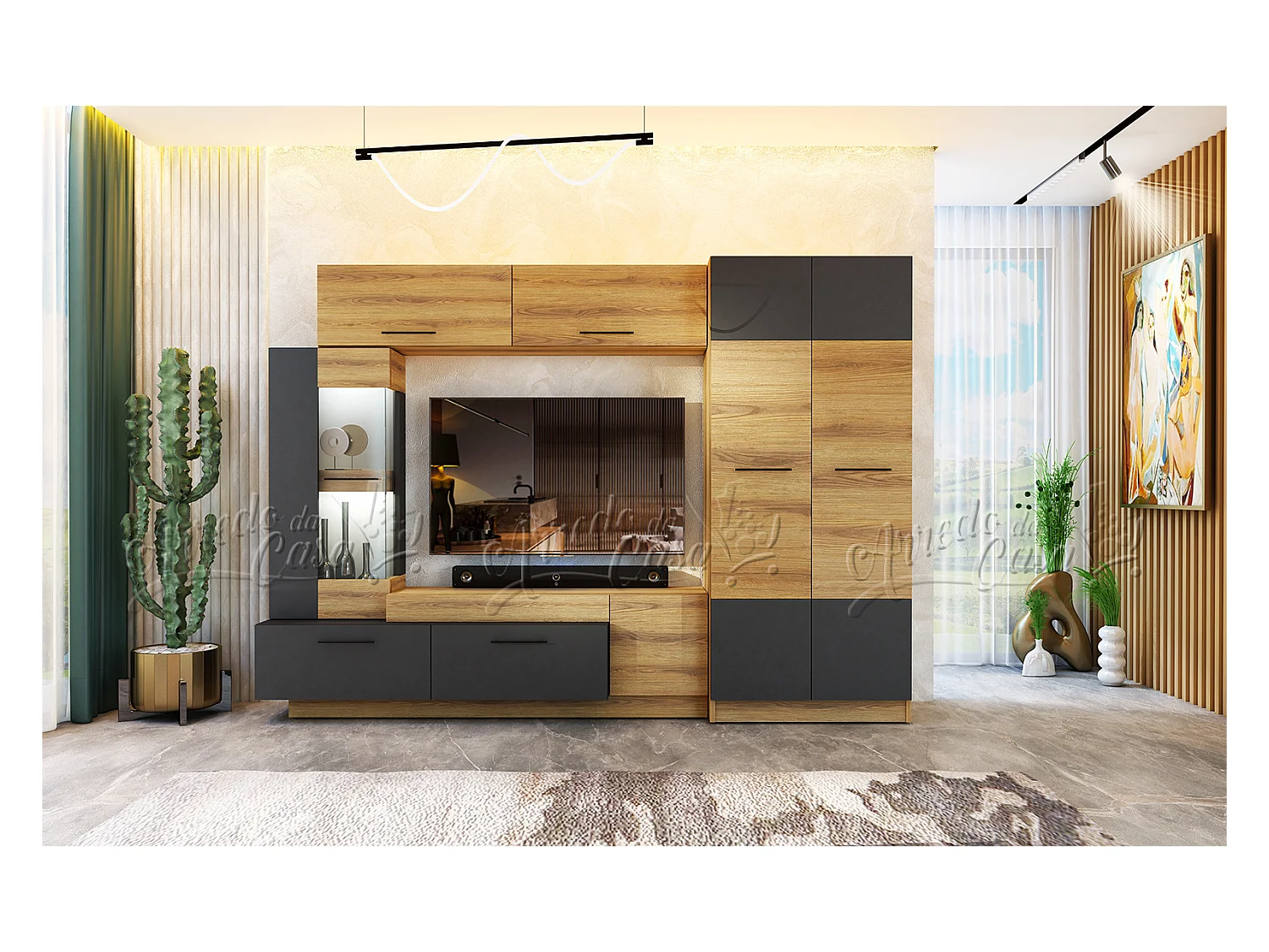 Parete attrezzata con LED 130x102x37 cm in Rovere Naturale e Grafite SU42