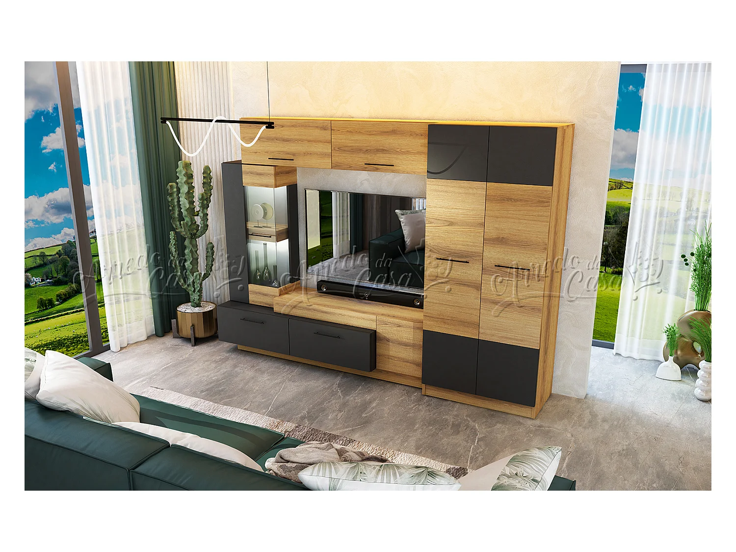 Parete attrezzata con LED 130x102x37 cm in Rovere Naturale e Grafite SU42