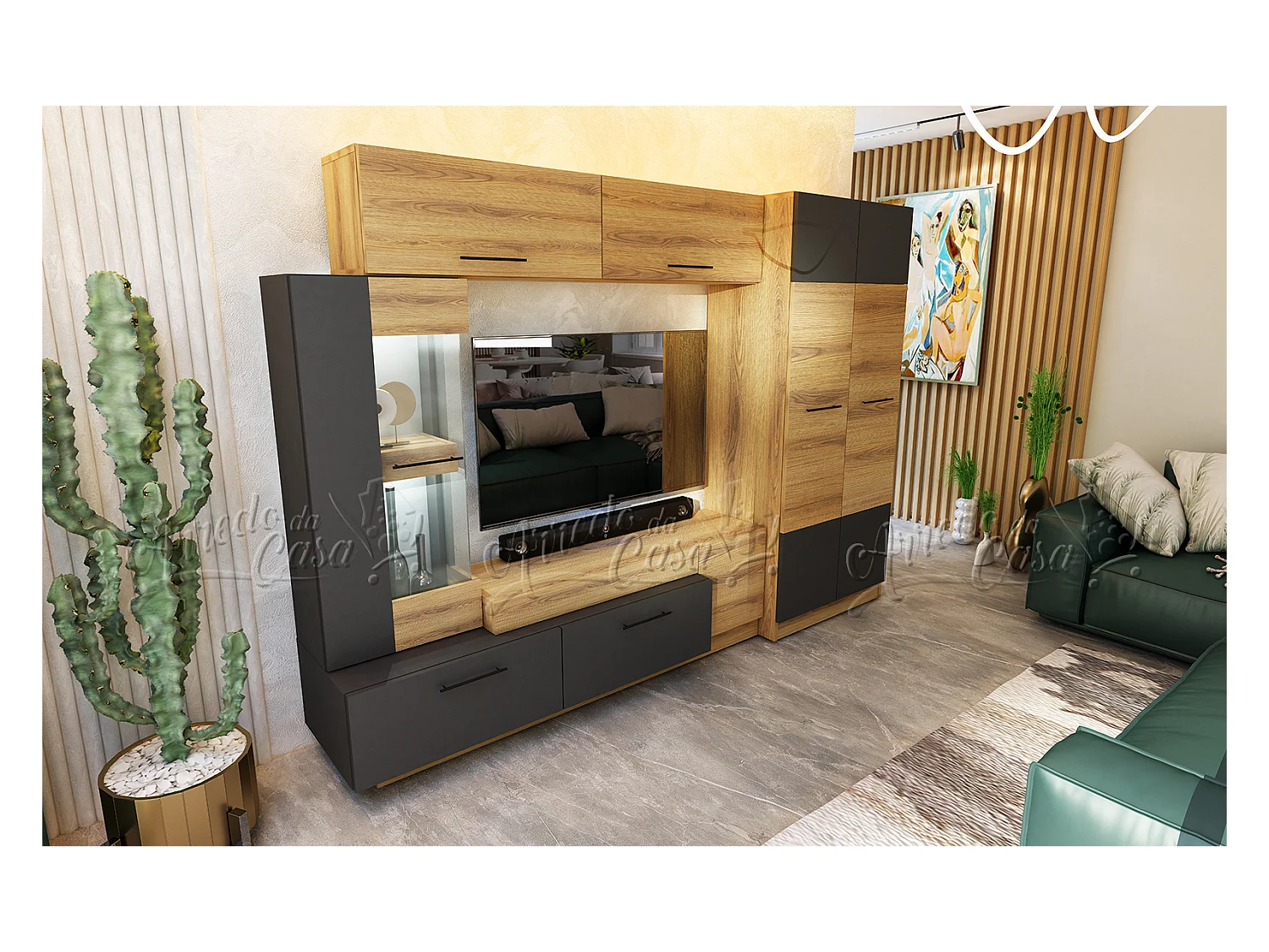 Parete attrezzata con LED 130x102x37 cm in Rovere Naturale e Grafite SU42