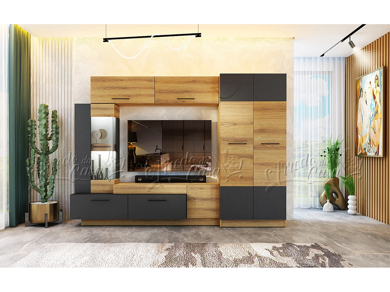 Parete attrezzata con LED 130x102x37 cm in Rovere Naturale e Grafite SU42