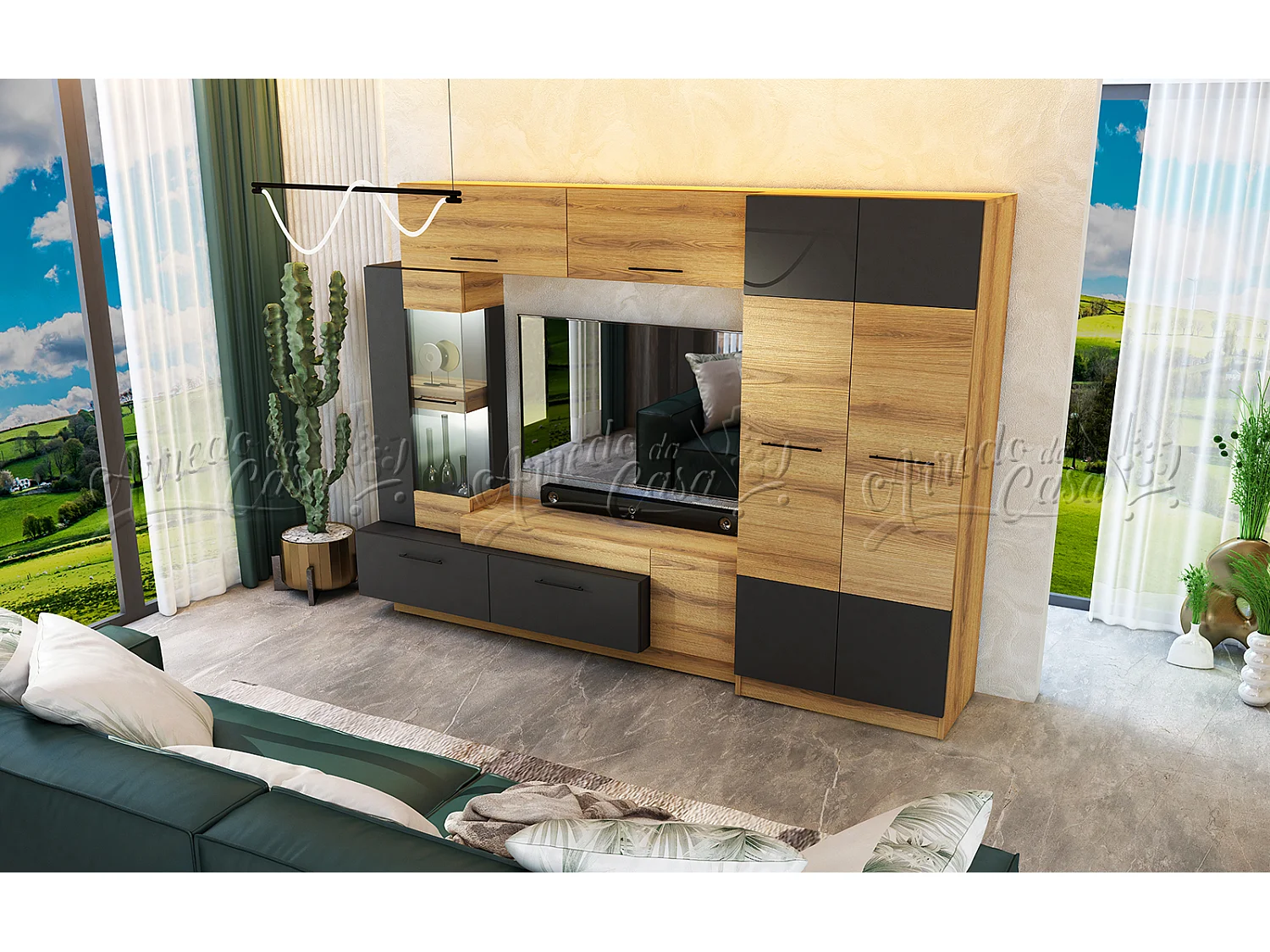 Parete attrezzata con LED 130x102x37 cm in Rovere Naturale e Grafite SU42