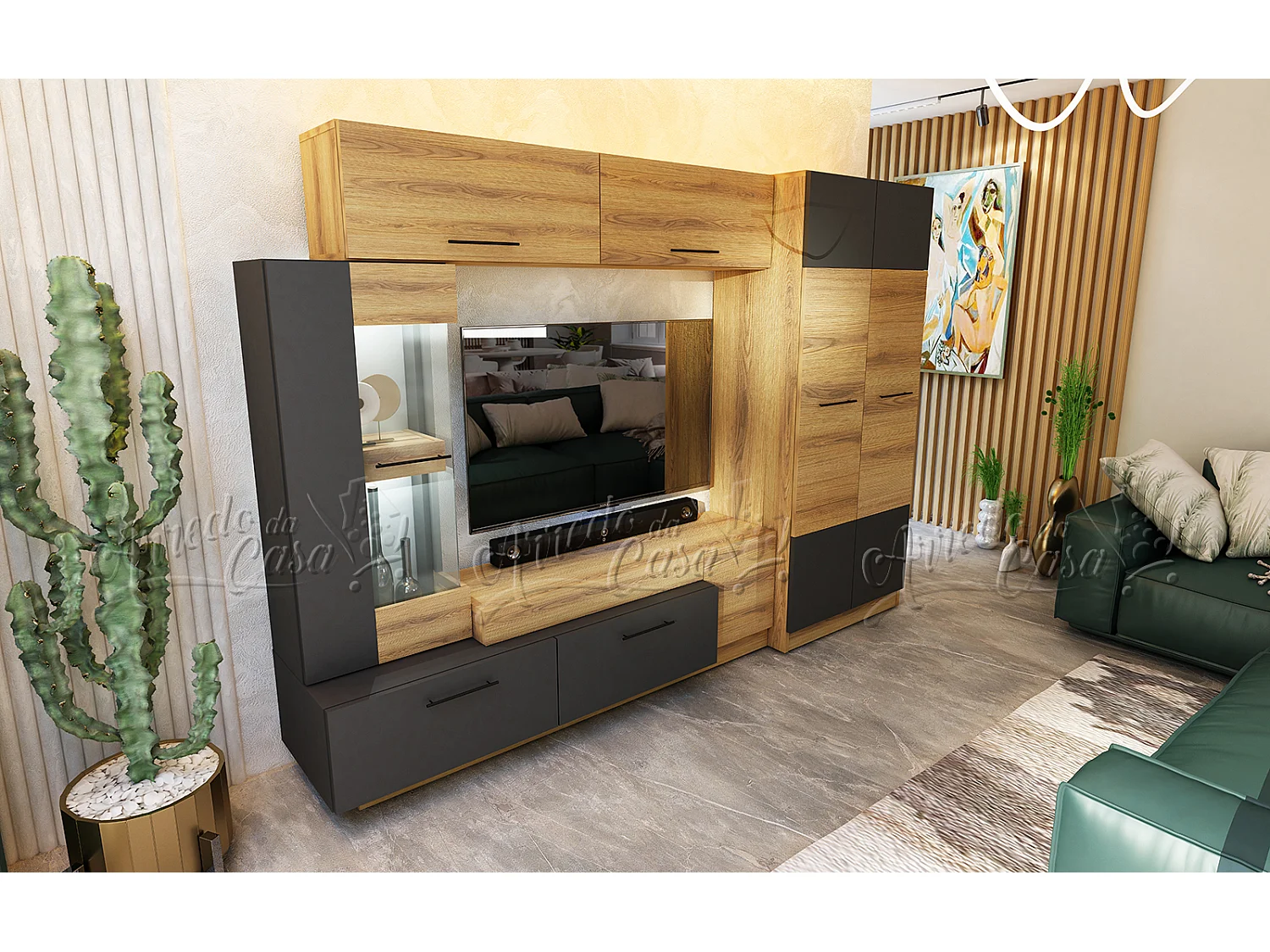 Parete attrezzata con LED 130x102x37 cm in Rovere Naturale e Grafite SU42