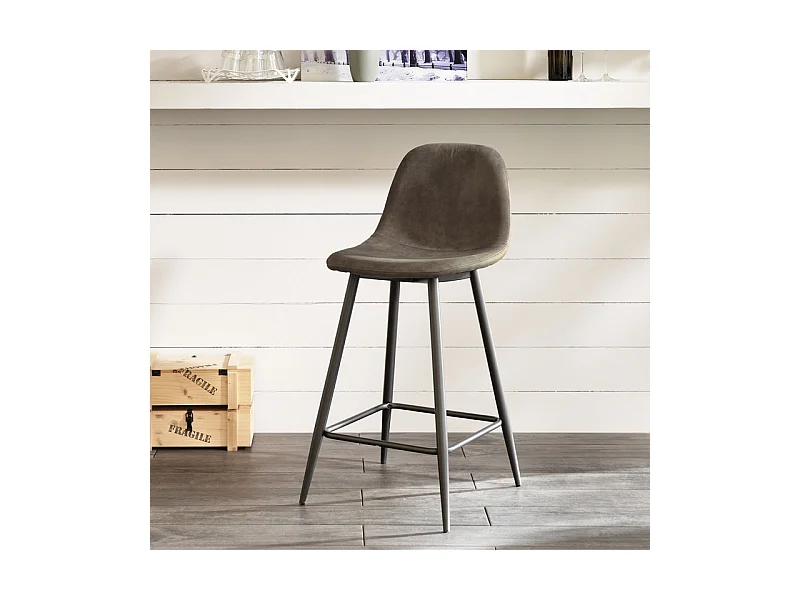 Lot de 2 tabourets hauts rembourrés en similicuir gris tourterelle "Brig" avec repose-pieds cm 50x44 84h