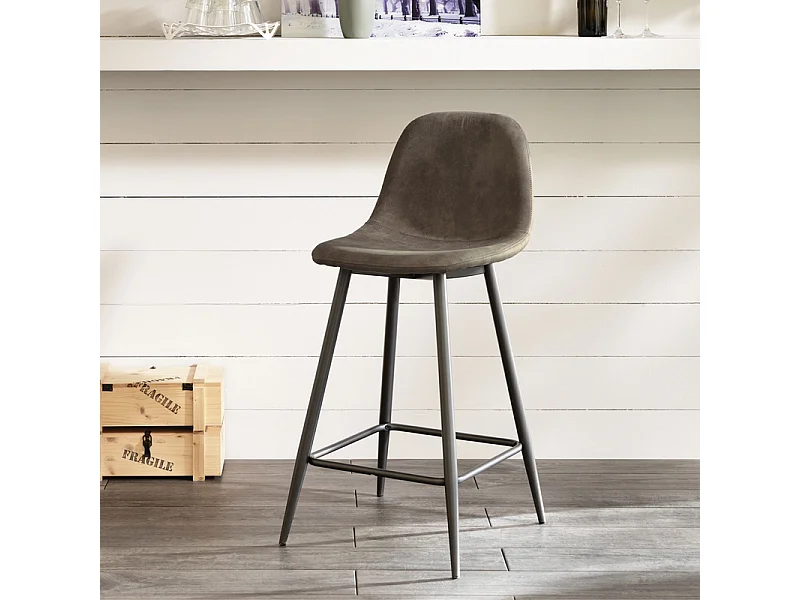 Zestaw 2 wysokich, wyściełanych krzeseł ze skóry ekologicznej "Brig" w kolorze gołębiej szarości z podnóżkiem, wymiary 50x44 cm, wysokość 84 cm