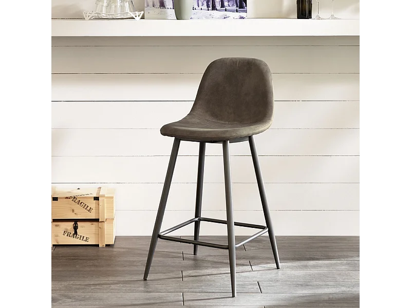 Zestaw 2 wysokich, wyściełanych krzeseł ze skóry ekologicznej "Brig" w kolorze gołębiej szarości z podnóżkiem, wymiary 50x44 cm, wysokość 84 cm