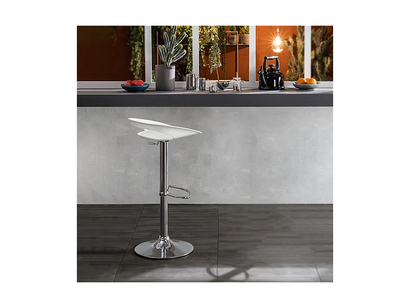 Lot de 2 tabourets hauts "Glenda" blancs en polypropylène avec vérin à gaz et repose-pieds, 40x40 cm, hauteur 69 cm.