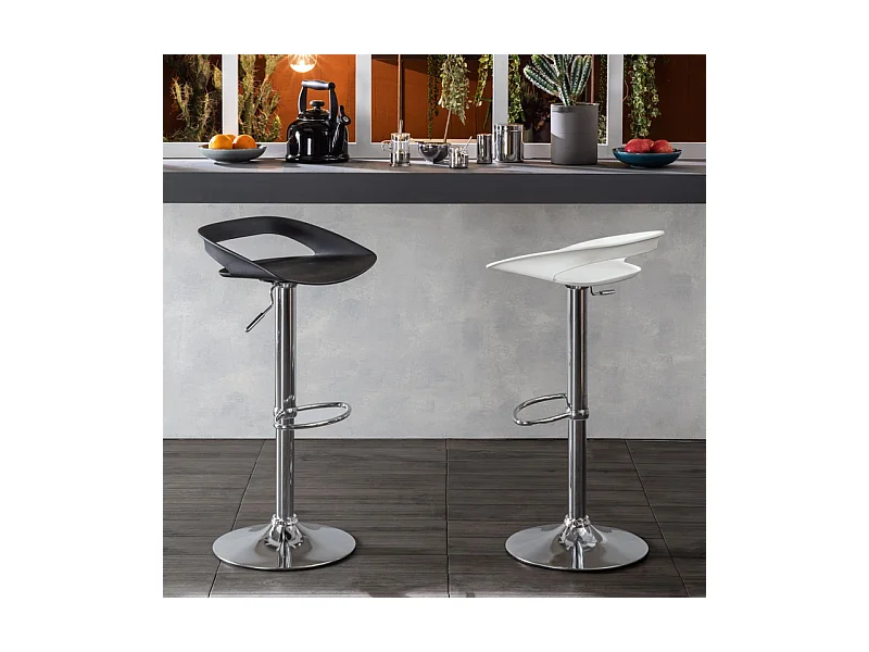 Lot de 2 tabourets hauts "Glenda" blancs en polypropylène avec vérin à gaz et repose-pieds, 40x40 cm, hauteur 69 cm.