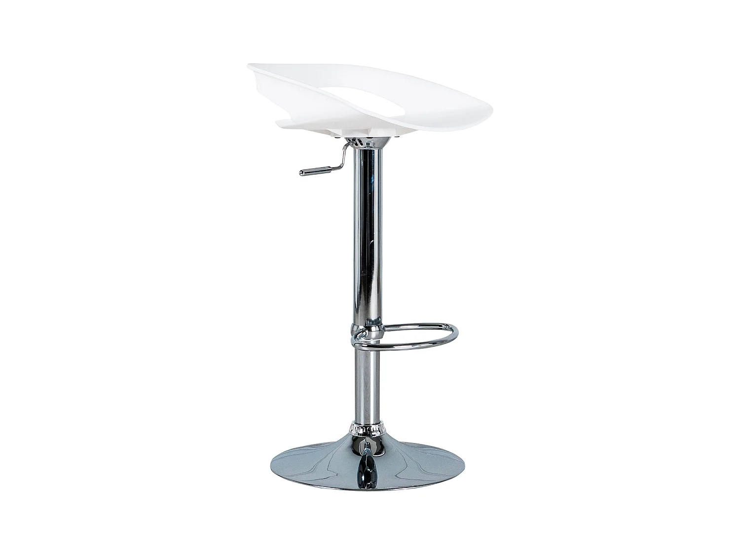 Lot de 2 tabourets hauts "Glenda" blancs en polypropylène avec vérin à gaz et repose-pieds, 40x40 cm, hauteur 69 cm.