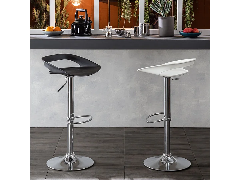 Lote de 2 taburetes altos "Glenda" en polipropileno blanco con elevación a gas y reposapiés, 40x40 cm, 69 cm de alto.