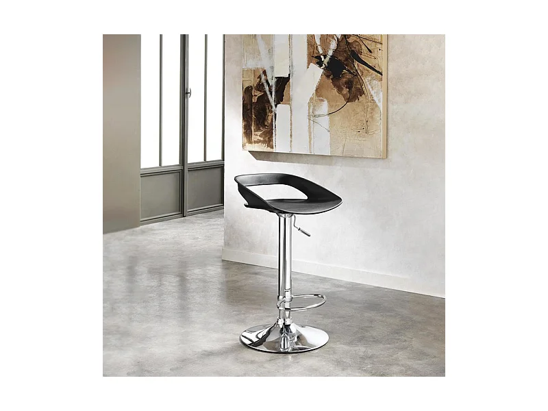 Lot de 2 tabourets hauts "Glenda" noirs en polypropylène avec vérin à gaz et repose-pieds, 40x40 cm, hauteur 69 cm.