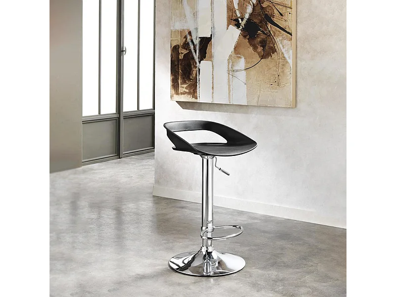 Lot de 2 tabourets hauts "Glenda" noirs en polypropylène avec vérin à gaz et repose-pieds, 40x40 cm, hauteur 69 cm.