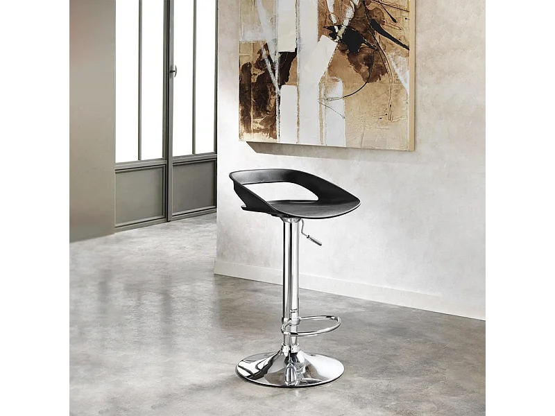 Lote de 2 taburetes altos "Glenda" negros de polipropileno con elevación a gas y reposapiés, 40x40 cm, 69 cm de alto.