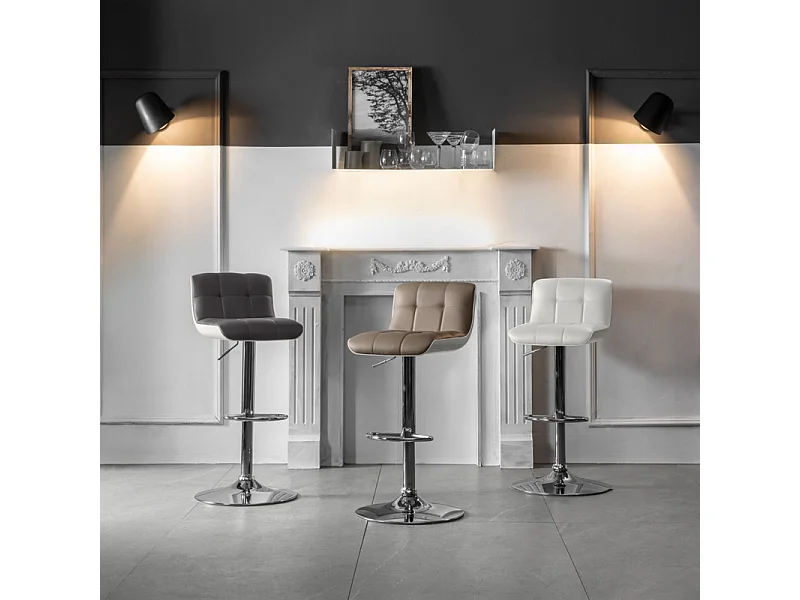 Zestaw 2 białych, wyściełanych taboretów "Kurt" ze skóry ekologicznej z podnośnikiem gazowym i podnóżkiem, 38,5 x 36,83 cm