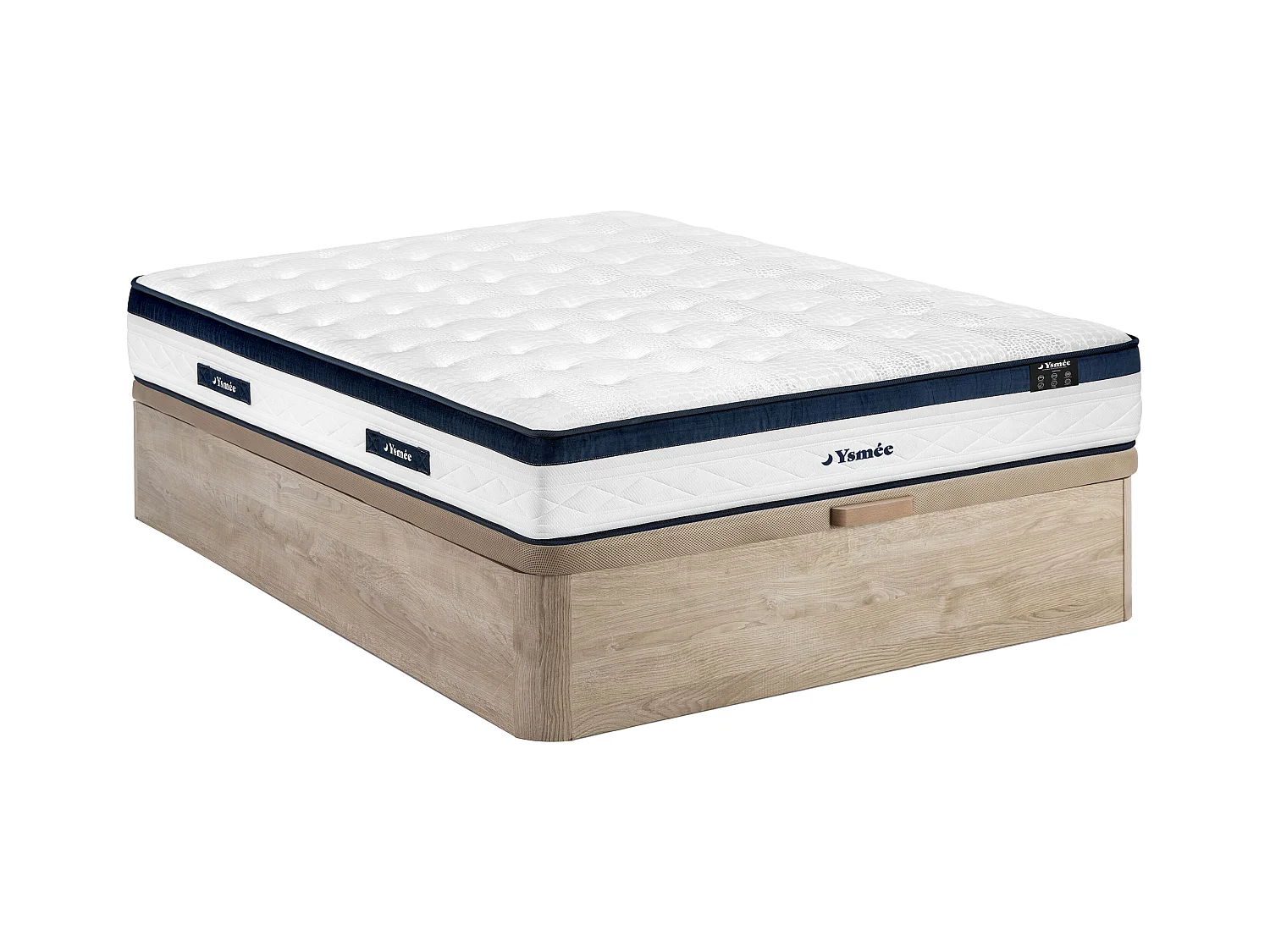 Conjunto 160 x 200 cm com sommier com espaço de arrumação natural claro + colchão de molas ensacadas 5 zonas, cotim refrescante, espessura 28 cm – KOROVOU da YSMÉE
