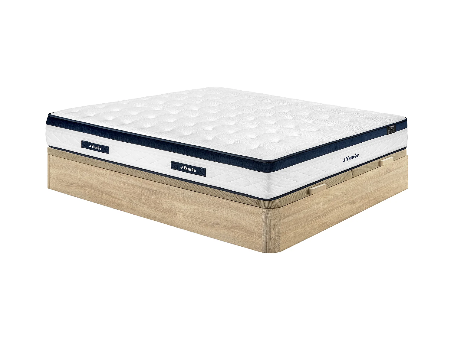 Conjunto 180 x 200 cm com sommier com espaço de arrumação natural claro + colchão de molas ensacadas 5 zonas, cotim refrescante, espessura 28 cm – KOROVOU da YSMÉE